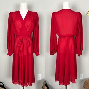 70s 80s vintage fredericks red old hollywood glam semisheer faux wrap midi dress